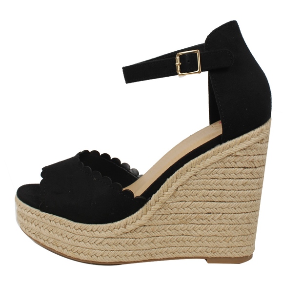 Black faux suede Peep Toe Ankle Strap Espadrille - Picture 2 of 5